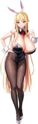 Rule 34 | 1girl, absurdres, alistine mi rosiel, animal ear hairband, animal ears, arm up, black leotard, blonde hair, braid, breasts, cleavage, clenched teeth, covered navel, derauea, detached collar, elf, fake animal ears, game cg, green eyes, hairband, half up braid, hand on own hip, highleg, highleg leotard, highres, huge breasts, leaning forward, leotard, light blush, long hair, long pointy ears, looking at viewer, motto! haramase! honoo no oppai isekai oppai bunny gakuen!, necktie, non-web source, official art, pantyhose, playboy bunny, pointy ears, rabbit ear hairband, rabbit ears, red necktie, sidelocks, smile, star (symbol), star in eye, strapless, strapless leotard, symbol in eye, tachi-e, teeth, transparent background, very long hair, white hairband, white wrist cuffs, wrist cuffs