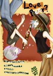 Rule 34 | 2022, 2girls, absurdres, alcohol, bare shoulders, beer, beer bottle, belt, belt buckle, black belt, black shirt, blue eyes, breasts, brown hair, brown hat, brown skirt, buckle, closed mouth, colored tips, commentary request, dated, denim, english text, from side, glass bottle, green hair, grey hair, hand on own hip, hat, highres, jeans, long skirt, looking at viewer, multicolored hair, multiple girls, open mouth, original, pants, purple eyes, purple hair, shirt, short hair, short sleeves, skirt, sleeveless, star (symbol), tsukaasa, two-tone hair