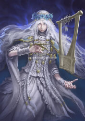 1girl blue_eyes blue_flower braid bridal_veil commentary doll_joints draw_souls dress elden_ring elden_ring_nightreign english_commentary floating floating_hair floating_object flower head_wreath instrument joints lips long_hair looking_at_viewer lyre patreon_username pink_lips revenant_(elden_ring) solo veil white_dress