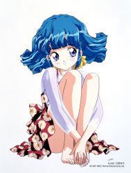 1990s_(style) 1997 1girl aqua_hair artist_name bare_legs barefoot blue_eyes company_name daisy_(flower) dated feet female_focus floral_print flower folded full_body hands_on_feet knees_to_chest legs_together long_sleeves official_art retro_artstyle rolfee see-through_clothes simple_background sitting smile solo tadano_kazuko tonari_no_princess_rolfee white_background