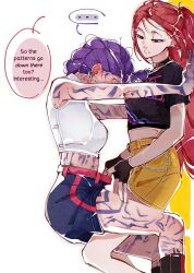 2girls arm_tattoo black_gloves black_shirt black_shorts blush clothes_pull commentary earrings english_commentary english_text facial_tattoo fingerless_gloves gloves hand_tattoo highres jewelry kpop_demon_hunters leg_tattoo long_hair looking_at_another mira_(kpop_demon_hunters) multiple_girls open_mouth par_sato purple_hair red_hair rumi_(kpop_demon_hunters) shirt short_sleeves shorts shorts_pull sideways simple_background sleeveless sleeveless_shirt speech_bubble stomach_tattoo straddling sweatdrop tattoo wallet_chain white_background white_shirt yellow_shorts yuri