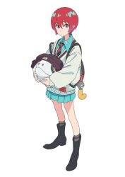 1girl amate_yuzuriha aqua_eyes aqua_shirt aqua_skirt backpack bag beanie black_boots black_necktie boots cardigan closed_mouth collared_shirt commentary diagonal-striped_clothes diagonal-striped_necktie expressionless eyelashes flat_chest full_body grey_socks gundam gundam_gquuuuuux haro hashtag-only_commentary hat highres looking_at_viewer multicolored_eyes necktie non-humanoid_robot red_hair red_necktie robot shirt short_hair simple_background skirt socks solo standing steelhead0617 striped_clothes two-tone_necktie white_background white_cardigan wing_collar