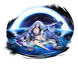 Rule 34 | 1girl, absurdres, barefoot, belt, blue eyes, blue hair, breasts, cleavage, closed mouth, dress, full body, girls&#039; frontline, girls&#039; frontline neural cloud, highres, hubble (neural cloud), jewelry, large breasts, long hair, necklace, neet kuu, sitting, solo, space, white dress