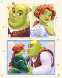 1boy 1girl artist_name bald blue_eyes brown_eyes brown_vest colored_skin dress green_dress green_skin highres husband_and_wife long_hair looking_at_another luztapiaart multiple_views ogre orange_hair ponytail princess_fiona shirt shrek shrek_(series) vest watermark white_shirt