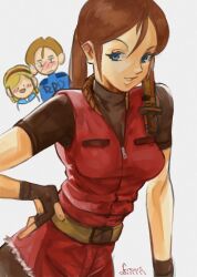 Rule 34 | 1boy, 2girls, blonde hair, blue eyes, blush, breasts, brown hair, claire redfield, fidus 00111111, fingerless gloves, gloves, hand on own hip, highres, leon s. kennedy, long hair, medium breasts, multiple girls, ponytail, resident evil, resident evil 2, sherry birkin, short hair, short sleeves