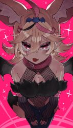 1girl absurdres ahoge animal_ears annoyed bare_shoulders blonde_hair blush breasts cleavage commentary_request eyelashes eyeshadow flipped_hair fox_ears fox_girl fox_tail from_above hair_between_eyes highres hololive long_hair looking_at_viewer makeup mark_under_eye multicolored_hair omaru_polka pink_background pink_eyes pink_hair pointy_ears shiny_skin solo sparkle streaked_hair tail tongue tongue_out virtual_youtuber yuuppi