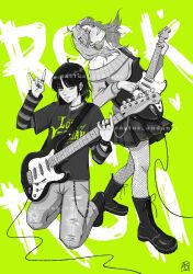 2girls \n/ ahoge artist_logo artist_name bandaid bandaid_on_cheek bandaid_on_face boots cactusandante chain closed_eyes collared_shirt commentary_request ear_piercing earrings electric_guitar fender_stratocaster fishnet_pantyhose fishnets full_body green_background green_eyes greyscale_with_colored_background guitar guitar_strap hair_ornament hairclip heart highres holding holding_guitar holding_instrument holding_plectrum hoop_earrings instrument jewelry kininatteru_hito_ga_otoko_ja_nakatta kneeling koga_mitsuki layered_sleeves leaning_back logo long_hair long_sleeves mole mole_under_eye multiple_girls multiple_rings nail_polish off-shoulder_sweater off_shoulder oosawa_aya pants pantyhose piercing pleated_skirt plectrum print_shirt ring shirt short_hair short_over_long_sleeves short_sleeves skirt smile spanish_commentary spot_color standing striped_clothes striped_shirt sweater text_background tomboy torn_clothes torn_pants