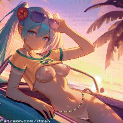 Rule 34 | 1girl, adjusting eyewear, arm support, arm up, artist name, backlighting, bar censor, bikini tan, blue eyes, blue hair, blue nails, bottomless, brazilian flag, brazilian miku, breasts, breasts out, car, censored, closed mouth, convertible, crop top, evening, extreme crop top, eyewear on head, flower, hair flower, hair ornament, hand on eyewear, hatsune miku, hibiscus, itzah, long hair, looking at viewer, medium breasts, motor vehicle, nail polish, navel, nipples, off-shoulder shirt, off shoulder, outdoors, palm tree, pussy, reclining, red flower, shirt, short sleeves, smile, solo, sunglasses, sunlight, sunset, tan, tanline, tree, twintails, vocaloid, yellow shirt