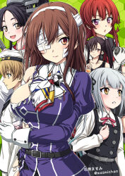 Rule 34 | 1boy, 5girls, admiral (kancolle), arashi (kancolle), ashigara (kancolle), ashigara kai ni (kancolle), bandaged head, bandages, black hair, black ribbon, blood, bloody bandages, blush, breasts, brown eyes, brown hair, closed mouth, collared shirt, commentary request, cup, depth charge, dress, gauze, gauze over eye, gloves, green background, grey hair, hair ribbon, headgear, holding, holding cup, injury, ishihara masumi, jacket, kantai collection, kasumi (kancolle), kasumi kai ni (kancolle), large breasts, long hair, long sleeves, looking at viewer, multiple girls, nachi (kancolle), neck ribbon, neckerchief, nisshin (kancolle), open mouth, pinafore dress, purple jacket, red hair, red neckerchief, ribbon, shirt, side ponytail, simple background, sleeveless, sleeveless dress, torn clothes, twitter username, white gloves, white shirt
