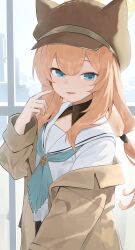 1girl absurdres alternate_costume animal_ear_headwear blue_archive blue_eyes blue_neckerchief blush brown_hat brown_jacket evening_rabbit fake_animal_ears hair_between_eyes hat highres jacket long_hair looking_at_viewer low_ponytail mari_(blue_archive) neckerchief open_mouth orange_hair ponytail sailor_collar shirt sidelocks solo white_sailor_collar white_shirt