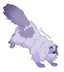Rule 34 | a starless clan, animal, animal focus, aqua eyes, cat, character name, commentary, fluffy, from side, frostdawn, grey cat, minamia23, no humans, pawpads, simple background, solo, warrior cats, white background