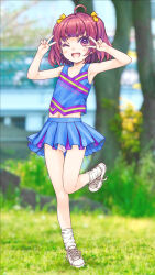 1girl ahoge blush commentary_request double_v fang flat_chest focke_wulf full_body highres looking_at_viewer one_eye_closed open_mouth original outdoors panties pantyshot photo_background purple_eyes purple_hair shoes short_hair skirt smile sneakers solo underwear v white_panties