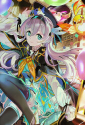 119 1girl arm_up balloon bird black_hairband black_jacket black_thighhighs breasts building closed_mouth dress firefly_(honkai:_star_rail) green_dress green_eyes grey_hair hair_between_eyes hair_ornament hairband hat highres honkai:_star_rail honkai_(series) jacket long_hair long_sleeves looking_at_viewer medium_breasts neckerchief orange_neckerchief smile thighhighs top_hat