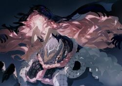 1girl absurdres bare_arms bare_shoulders black_veil blue_veil chimera dark_background dress floating_hair hands_up highres light_particles long_hair looking_down monster_girl nautika_(reverse:1999) own_hands_together pink_hair reverse:1999 sceed solo strapless strapless_dress talons two-tone_veil upper_body veil very_long_hair