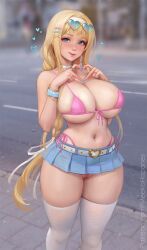 1girl :q alice_zuberg artist_name bag bangle belt bikini bikini_under_clothes blonde_hair blue_eyes blue_nails blue_scrunchie blue_skirt blurry blurry_background blush bow bracelet breasts choker cleavage closed_mouth commentary earrings english_commentary eyewear_on_head feet_out_of_frame four-finger_heart_hands front-tie_bikini_top front-tie_top hair_bow hair_intakes hair_ornament hairband heart heart-shaped_eyewear heart_belt_buckle heart_hands highleg highleg_bikini highres hoop_earrings jewelry large_breasts long_hair looking_at_viewer meekohopanes micro_bikini microskirt multiple_hair_bows multiple_rings nail_polish navel navel_piercing outdoors patreon_username piercing pink_bikini pleated_skirt ring school_bag scrunchie side-tie_bikini_bottom sidewalk skindentation skirt solo standing string_bikini sunglasses swimsuit sword_art_online sword_art_online:_alicization thighhighs tongue tongue_out underboob very_long_fingernails very_long_hair watermark web_address white_belt white_choker white_hairband white_thighhighs wrist_scrunchie x_hair_ornament