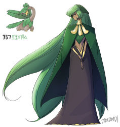1girl artist_name black_skirt brown_eyes cape character_name creature_and_personification dark-skinned_female dark_skin female_focus gen_3_pokemon green_cape green_hair long_hair long_skirt navel nintendo personification pokedex_number pokemon simple_background skirt solo standing tamtamdi tropius very_long_hair white_background