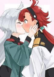 2girls absurdres ahoge asticassia_school_uniform black_hairband blue_eyes blush closed_eyes commentary_request green_jacket gundam gundam_suisei_no_majo hachibiteru hairband hand_on_another&#039;s_face highres jacket kiss long_hair miorine_rembran multiple_girls pink_background red_hair school_uniform suletta_mercury thick_eyebrows two-tone_background white_hair white_jacket yuri