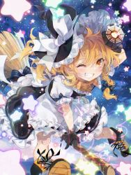 1girl apron arm_up black_boots black_bow black_gloves black_hat black_skirt black_vest blonde_hair boots bow braid broom broom_riding commentary gloves grin hair_bow hat hat_bow kirisame_marisa looking_at_viewer marisa_day mini-hakkero one_eye_closed puffy_short_sleeves puffy_sleeves shirt short_sleeves side_braid skirt smile solo star_(symbol) symbol-only_commentary touhou toutenkou twitter_username vest watermark white_apron white_bow white_shirt witch_hat yellow_eyes