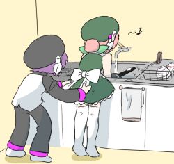Rule 34 | 2girls, alternate hairstyle, back bow, behind another, beret, black headwear, black pants, black sleeves, bow, bowl, dishwashing, dress, facing away, faucet, from behind, green bow, green dress, green headwear, hair bow, hair bun, hat, humming, indoors, kitchen, long sleeves, momone momo, multiple girls, musical note, no shoes, pants, pink hair, purple hair, rice bowl, robot ears, saruyama ushirou, shirt, short dress, single hair bun, sink, sleeveless, sleeveless dress, standing, stove, thighhighs, tiptoes, untying, utane uta, utau, water, white bow, white shirt, white thighhighs