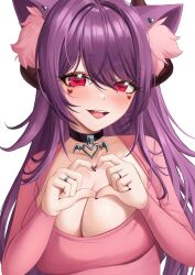 Rule 34 | 1girl, animal ear fluff, animal ears, black choker, breasts, choker, cleavage, collarbone, cotton noir (vtuber), earrings, facial mark, heart, heart earrings, heart facial mark, heart hands, heart in eye, highres, horns, indie virtual youtuber, jewelry, large breasts, long hair, long sleeves, multiple rings, open mouth, pink eyes, purple hair, ring, smile, solo, symbol in eye, upper body, velvet noir, virtual youtuber, white background