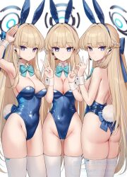 1girl animal_ears aqua_bow aqua_bowtie arm_up bare_shoulders blonde_hair blue_archive blue_eyes blue_halo blue_leotard bow bowtie breasts cleavage closed_mouth covered_navel detached_collar fake_animal_ears halo highleg highleg_leotard highres large_breasts leotard long_hair official_alternate_costume rabbit_ears simple_background thighhighs thighs toki_(blue_archive) toki_(bunny)_(blue_archive) v white_background white_thighhighs wrist_cuffs yamamura_umi