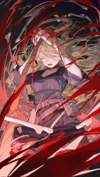 1girl absurdres belt blonde_hair breasts choker collarbone crying dress dungeon_meshi hands_up highres holding marcille_donato medium_breasts omurice_(304975636) open_mouth pointy_ears pouch purple_dress red_choker solo tears