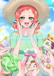 Rule 34 | asymmetrical bangs, birthday, blue sky, box, collarbone, cookie, cosmetics, dress, field, flower, flower field, food, gift, gift wrapping, giving, green dress, green eyes, hair ornament, hair ribbon, hair tie, hairpin, hands up, happy birthday, hat, heart pin, highres, inukai iroha, inukai komugi, inukai komugi (dog), jewelry, lettuce, lipstick, lipstick tube, makeup, marriage proposal, medium hair, mikorin, neck, open mouth, orange hair, precure, ribbon, ring, short dress, short sleeves, sky, smile, solo, solo focus, straw hat, summer, sunflower, sunflower field, sunlight, twintails, upper body, wonderful precure!, wrapped up