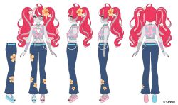 Rule 34 | 1girl, :d, absurdres, ahoge, asymmetrical footwear, bare arms, bead bracelet, beads, bell-bottoms, belt, black nails, blue belt, blue pants, blunt ends, bracelet, colored skin, commentary, denim, diamond-shaped pupils, diamond (shape), english commentary, floral print shirt, flower, front-tie top, full body, gradient eyes, green eyes, grey hair, grey skin, hair flower, hair ornament, heterochromia, highres, hololive, hololive indonesia, holonatsu paradise, jeans, jewelry, kureiji ollie, kureiji ollie (holonatsu paradise), long hair, midriff, mismatched footwear, mismatched pupils, multicolored eyes, multicolored hair, multicolored skin, multiple views, nail polish, navel, necklace, official alternate costume, official alternate hairstyle, open mouth, pants, patchwork skin, pink hair, pink shirt, red eyes, red hair, reference sheet, saku nosuke, sandals, second-party source, shirt, simple background, sleeveless, sleeveless shirt, smile, solo, stitched arm, stitched face, stitches, symbol-shaped pupils, tied shirt, turnaround, twintails, two-tone skin, very long hair, virtual youtuber, white background, white hair, white skin, x-shaped pupils, yellow eyes, zombie