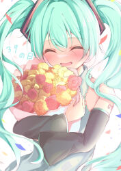 1girl 39 absurdres aqua_hair blush bouquet closed_eyes commentary confetti detached_sleeves flower grey_shirt hatsune_miku highres holding holding_bouquet holding_flower long_sleeves miku_day open_mouth peko_nyan shirt simple_background smile solo upper_body vocaloid white_background