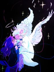 2girls angel_wings antlers bracelet buck_teeth closed_eyes colored_skin deer_antlers deer_girl deltarune dress feathers furry furry_female halo hand_on_another&#039;s_face highres horns jewelry morick multiple_girls purple_skin reindeer_girl reptile_girl smile spiked_bracelet spikes star_(sky) susie_(dark_world)_(deltarune) susie_(deltarune) teeth white_dress wings yellow_eyes yuri