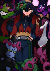 1girl absurdres black_hair carmine_(pokemon) closed_mouth club_(weapon) colored_inner_hair crossed_bangs eyelashes fezandipiti hair_between_eyes hairband highres ida_(idalol490) long_hair looking_at_viewer mask mole mole_under_eye multicolored_hair munkidori nintendo okidogi pecharunt pokemon pokemon_(creature) pokemon_sv red_hair smile two-tone_hair weapon yellow_eyes yellow_hairband