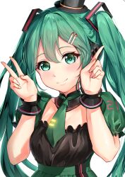 1girl absurdres black_hat black_wrist_cuffs blush breasts candle_hair_ornament closed_mouth commentary_request glowing green_eyes green_hair green_necktie hair_between_eyes hat hatsune_miku highres long_hair looking_at_viewer mini_hat necktie puffy_short_sleeves puffy_sleeves rissenka short_sleeves simple_background smile solo tie_clip twintails v vocaloid white_background wrist_cuffs