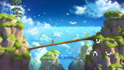 1boy baby baby_mario bird blue_sky cloud day fallen_tree from_side goonie hat horizon logo mario mario_(series) mountain nintendo ocean outdoors running scenery sky super_mario_world_2:_yoshi&#039;s_island sylvain_sarrailh water watermark web_address yoshi