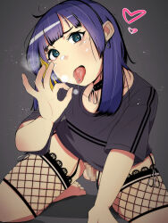 1boy barefoot blonde_hair earrings fellatio_gesture highres jewelry multicolored_hair original piercing purple_hair solo tongue tongue_out tongue_piercing trap yamada_kipan