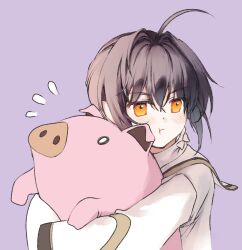 1other :t ahoge black_hair commentary_request fate/samurai_remnant fate_(series) flying_sweatdrops hair_intakes highres japanese_clothes korean_commentary light_blush looking_to_the_side mul1062363 orange_eyes other_focus pig pout purple_background upper_body yamato_takeru_(fate)
