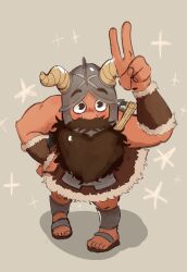 1boy beard blush brown_hair dungeon_meshi dwarf facial_hair fake_horns from_above full_body helmet horned_helmet horns long_beard looking_at_viewer male_focus muscular muscular_male mustache senshi_(dungeon_meshi) shadow solo standing star_(symbol) star_symbol_background thick_mustache v very_long_beard xomii