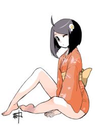 Rule 34 | 1girl, ahoge, araragi tsukihi, artist name, ass, ass peek, barefoot, between legs, black hair, blunt ends, bob cut, breasts, brown eyes, closed mouth, commentary, dot mouth, egg hair ornament, floral print, floral print kimono, food-themed hair ornament, fried egg, from side, full body, hair ornament, hand between legs, inverted bob, japanese clothes, kikumaru bunta, kimono, knees up, looking at viewer, looking to the side, monogatari (series), nisemonogatari, obi, on ground, one eye closed, orange kimono, own hands together, print kimono, sash, short hair, short kimono, signature, simple background, sitting, small breasts, solo, swept bangs, toes, translated, v arms, white background, yellow sash