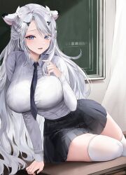 1girl absurdres animal_ears blue_eyes blush breasts chalkboard collared_shirt grey_hair highres indie_virtual_youtuber large_breasts lillly long_hair long_sleeves looking_at_viewer necktie nuya_(nuyaonline) parted_lips shirt skirt smile solo thighhighs thighs virtual_youtuber white_thighhighs