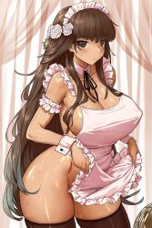 1girl apron apron_lift blush breasts brown_eyes brown_hair clothes_lift cowboy_shot curvy flower frilled_apron frills hair_flower hair_ornament haraya_manawari highres large_breasts looking_at_viewer maid maid_apron maid_headdress naked_apron open_mouth original sideboob solo sweat thighhighs white_apron wrist_cuffs