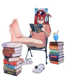 1girl animal_ear_headphones animal_ears barefoot blue_eyes book cat_ear_headphones chair cocktail_glass crocs cup drinking_glass fake_animal_ears feet headphones highres long_hair looking_at_viewer original presenting_feet presenting_soles reading red_hair shoes unworn_shoes sitting soles some1else45 sunglasses_on_head toes