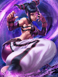 1girl bare_shoulders barefoot black_hair bracelet breasts drill_hair female_focus fingerless_gloves gloves glowing glowing_eye han_juri highres jewelry lips long_hair looking_at_viewer medium_breasts purple_eyes sideboob smile solo speh spiked_bracelet spikes street_fighter street_fighter_iv_(series) thighs toeless_legwear toned watermark web_address