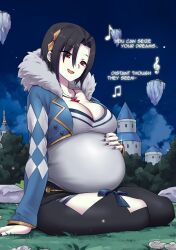 1girl asymmetrical_bangs black_hair breasts cleavage commentary commission cropped_jacket english_commentary fire_emblem fire_emblem_engage fur_trim hair_between_eyes highres igni_tion long_sleeves nel_(fire_emblem) night night_sky nintendo pregnant red_eyes sky