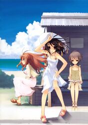 3girls absurdres asahina_mikuru beach blue_sky book brown_eyes brown_hair cloud day dress full_body green_dress grey_hair hair_ribbon hat highres ito_noizi long_hair long_legs looking_at_viewer medium_hair multiple_girls nagato_yuki open_mouth orange_hair orange_ribbon outdoors ribbon sandals short_hair sky standing sundress suzumiya_haruhi suzumiya_haruhi_no_yuuutsu white_dress white_hat wind