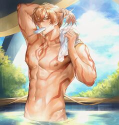 1boy arm_tattoo bathhouse blonde_hair chest_tattoo facial_tattoo food gradient_hair hair_between_eyes hand_in_own_hair highres honkai:_star_rail honkai_(series) male_focus multicolored_hair muscular muscular_male mydei_(honkai:_star_rail) nipples partially_submerged popsicle red_hair red_tattoo solo stomach_tattoo tappeee tattoo towel towel_on_one_shoulder upper_body yellow_eyes