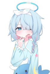 Rule 34 | 1girl, arona (blue archive), blue archive, blue eyes, blue hair, blue halo, blue pajamas, blue pupils, blush, braid, colored inner hair, frills, hair over one eye, hairband, halo, hand up, highres, kirine shiro, long sleeves, medium hair, multicolored hair, one eye closed, open mouth, pajamas, print pajamas, single braid, solo, stuffed toy, tears, white background, white hairband, yawning