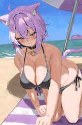 1girl absurdres animal_ear_fluff animal_ears beach bikini black_bikini breasts cat_ears cat_girl cat_tail cleavage front-tie_bikini_top front-tie_top highres hololive kneeling large_breasts nekomata_okayu nekoshima_kaede ocean purple_eyes purple_hair purple_tail sand short_hair side-tie_bikini_bottom solo swimsuit tail virtual_youtuber water
