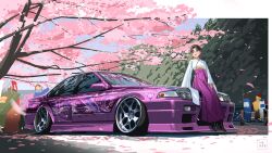 1girl branch car cherry_blossoms commentary english_commentary falling_petals hakama hakama_skirt hanami haow high-waist_skirt high_heels highres japanese_clothes kimono long_skirt long_sleeves meiji_schoolgirl_uniform motor_vehicle original petals purple_skirt skirt tree vehicle_focus white_kimono