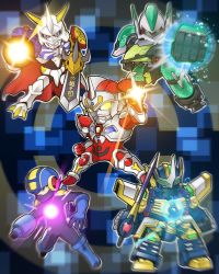 Rule 34 | 1boy, arm blade, arm cannon, chibi, clenched hands, crossover, denkou choujin gridman, dennou boukenki webdiver, digimon, digimon (creature), gamiani zero, gladion (webdiver), glowing, green eyes, gridman (character), highres, holding, holding sword, holding weapon, mask, mecha, mega man (series), mega man battle network, mega man battle network (series), megaman.exe, mouth mask, multiple crossover, omegamon, open hand, robot, srw cover, super robot, super robot wars, sword, tokusatsu, trait connection, weapon, yellow eyes, zegapain, zegapain altair