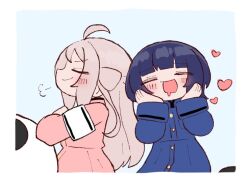 Rule 34 | 2girls, ahoge, animal, armband, armband, asaka karin, blue background, blue eyes, blue outfit, blush, closed eyes, delinquent, hands on cheek, heart, huffing, infatuation, long hair, love live!, love live! nijigasaki high school idol club, mole, mole under eye, multiple girls, open mouth, panda, pink hair, pink outfit, purple hair, school uniform, short hair, zhong lanzhu