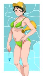 Rule 34 | 1girl, alternate costume, baseball cap, bikini, black hair, breasts, cleavage, feet out of frame, green bikini, green eyes, hat, highres, holding, holding whistle, kantai collection, lifeguard, medium breasts, megaphone, mogami (kancolle), mori tarou, short hair, solo, sports bikini, standing, swimsuit, water, whistle, yellow hat
